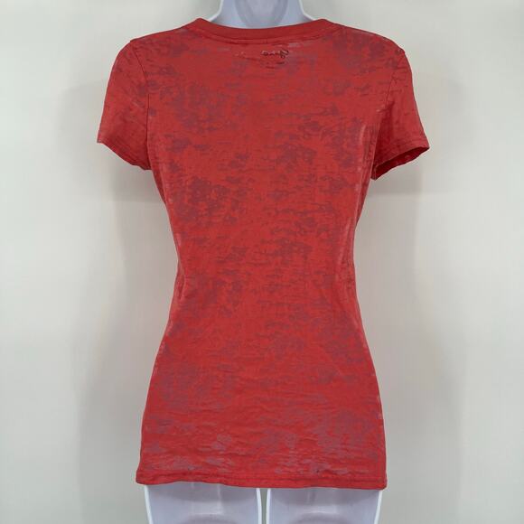 Guess Y2K Burnout Henley Womens Top Sz S Coral Sheer Coquette Grunge Bling Logo - Picture 7 of 12